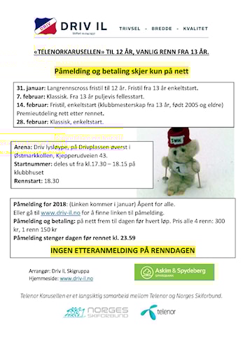 Skigruppa arrangerer skikarusell med første renn 31. januar 2018